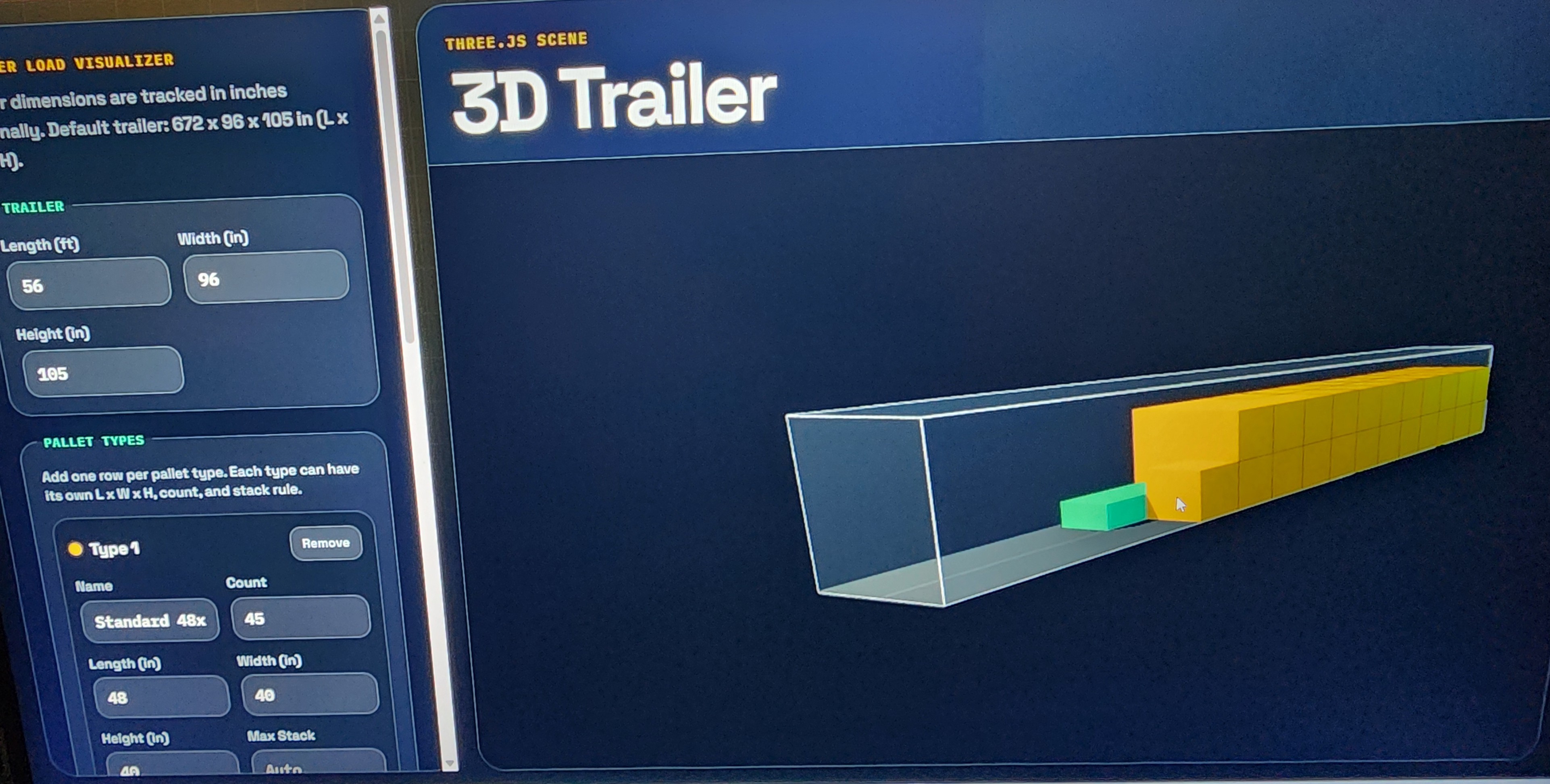 3D trailer visualization tool with pallet inputs and a trailer scene.