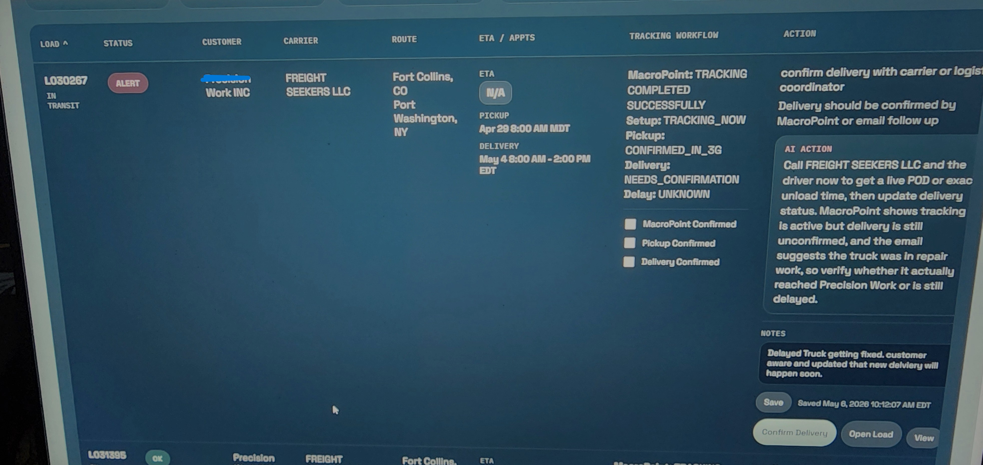 Shipment workflow screen with AI action suggestions and delivery tracking details.