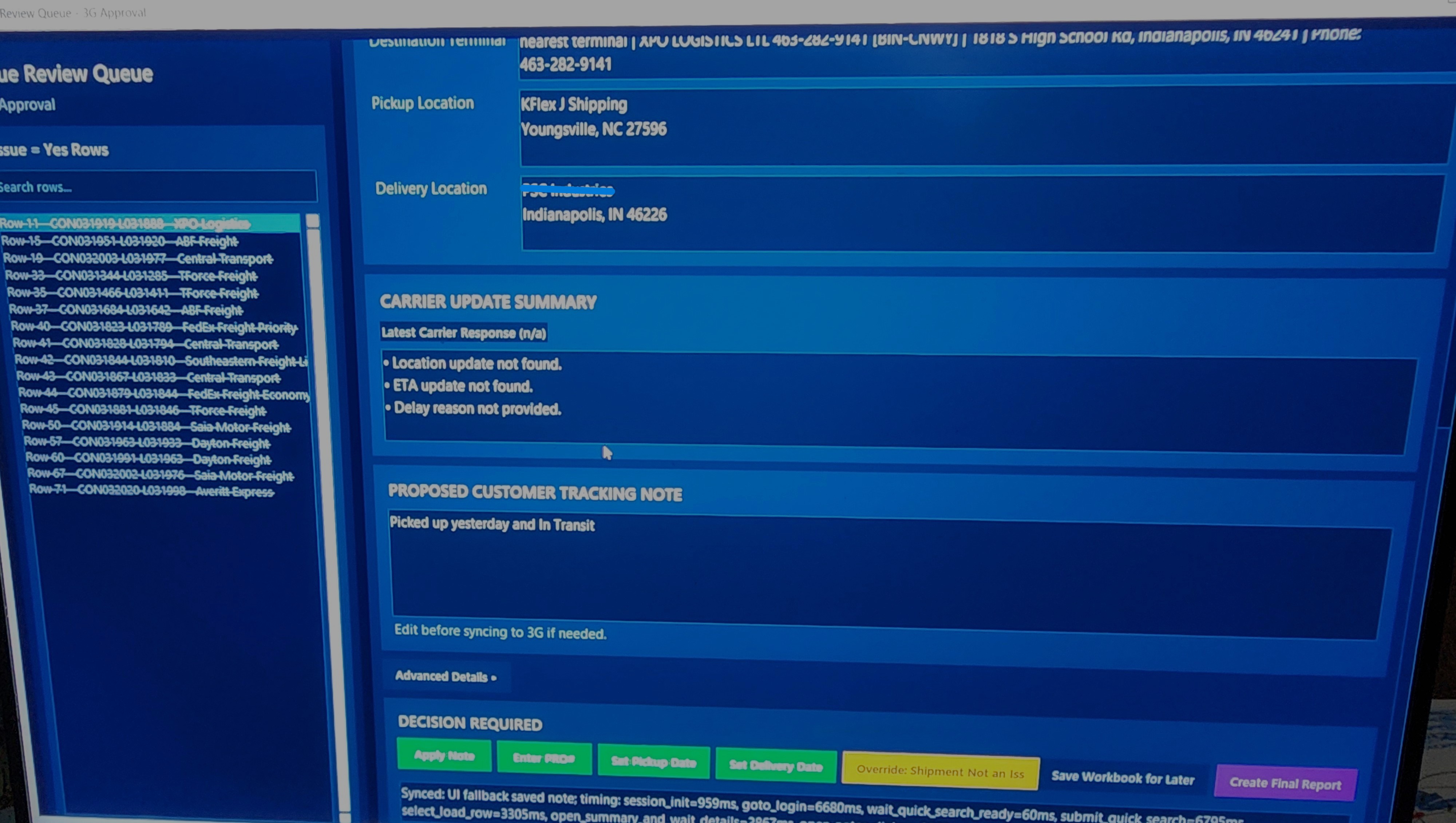 Carrier update summary and customer tracking note workflow screen.